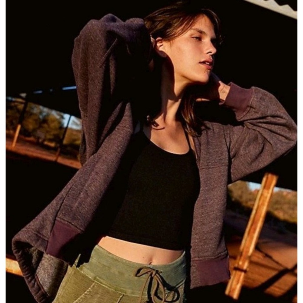 Free People FP Movement Kuta Hoodie Sweatshirt Zip Front Purple Med Split Hi Low